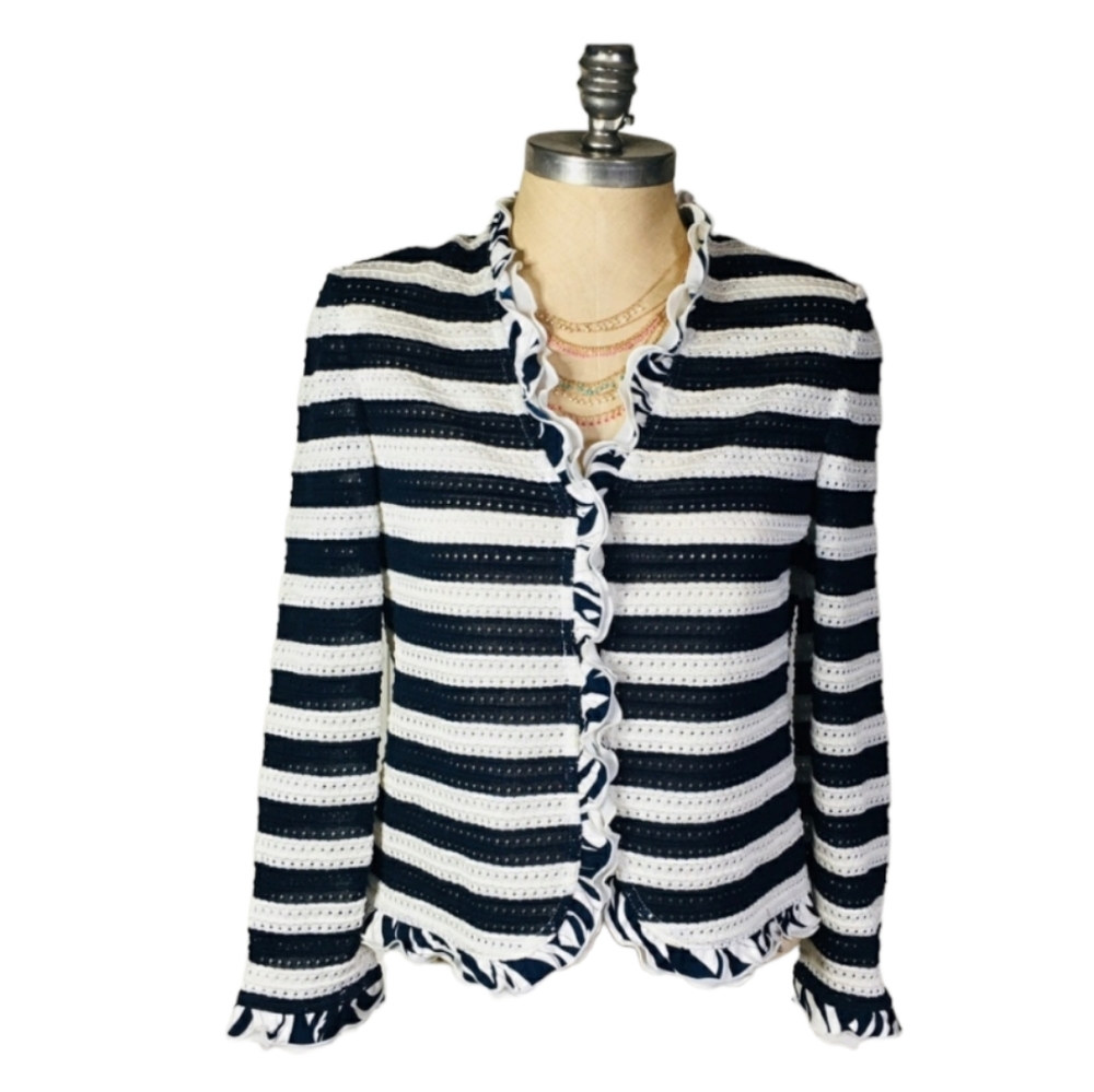 LIOLA SPA Made in ITALY Blue White Stripe Sheer Spring Summer Ruffle Jacket S/M